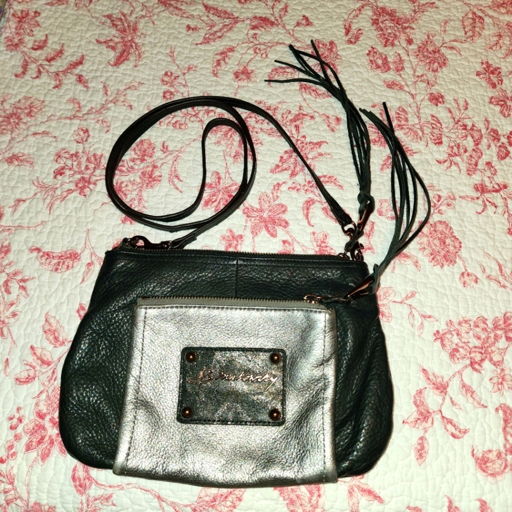 B Makowski crossbody bag, black, silver, gold with Leopard lining. Leather outer